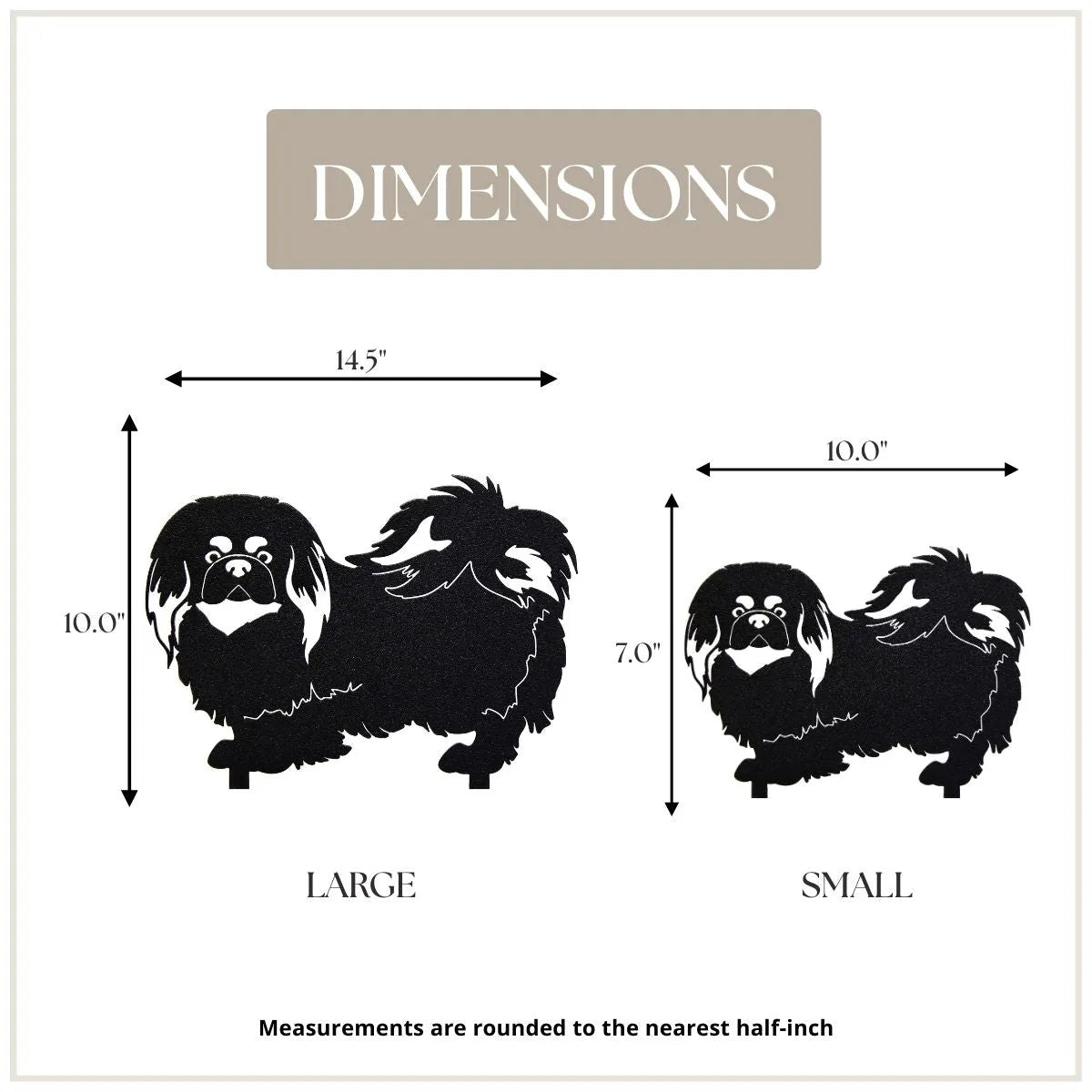 Dimensions of the Pekingese metal silhouette, showing large (10" x 14.5") and small (7" x 10") sizes.