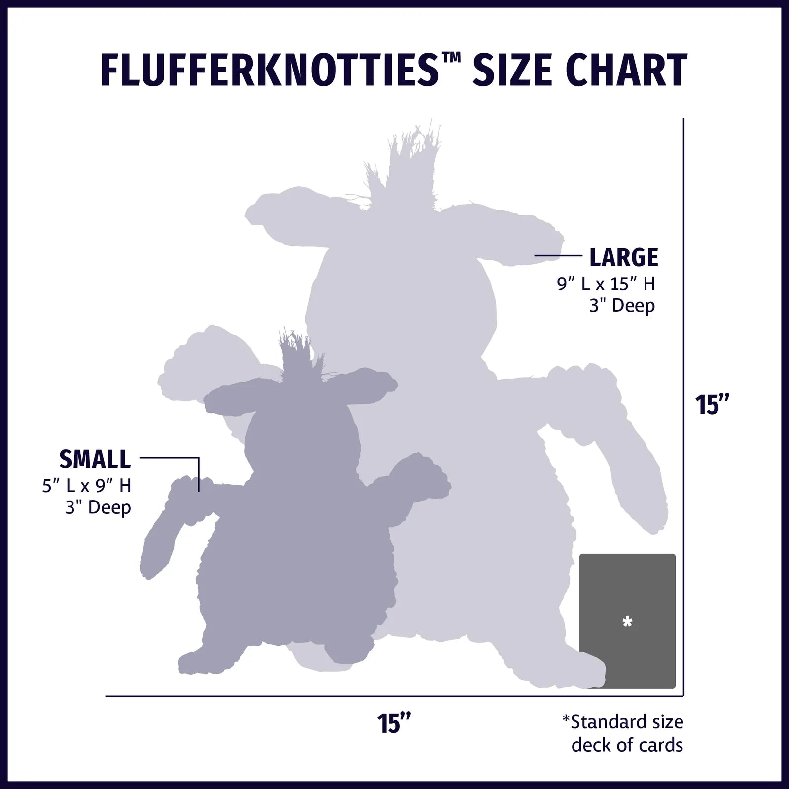 Size chart displaying the Penelope Pig HuggleFleece® FlufferKnottie™ plush dog toy in small and large sizes.