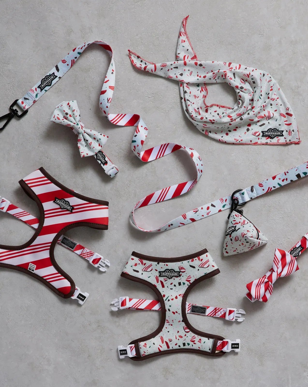 Peppermint Bark dog leash with candy cane pattern, durable polyester, and neoprene-lined handle for comfort.