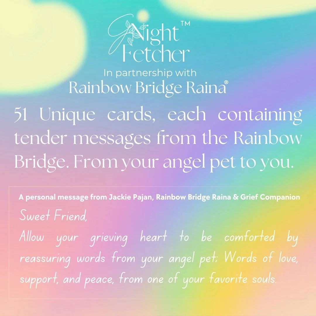 Colorful gradient background with text promoting 51 unique sympathy cards featuring messages from angel pets.