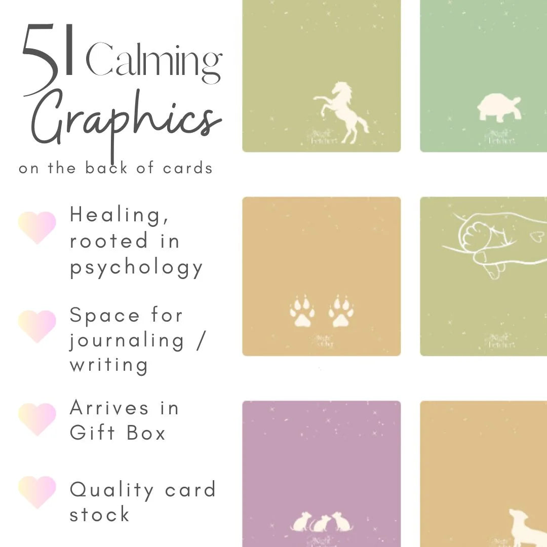 Calming graphics on card backs in soft colors, featuring animal illustrations and space for journaling or writing.