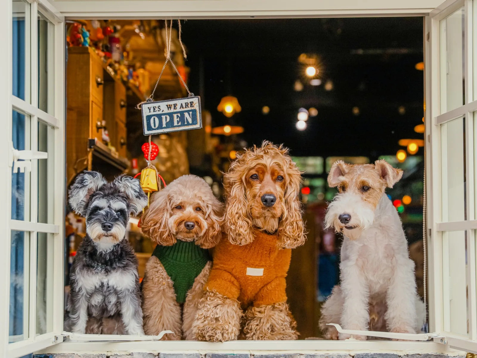 Dogs in cozy sweaters, including a green vest and an orange design, sitting inside a shop window with an "OPEN" sign.