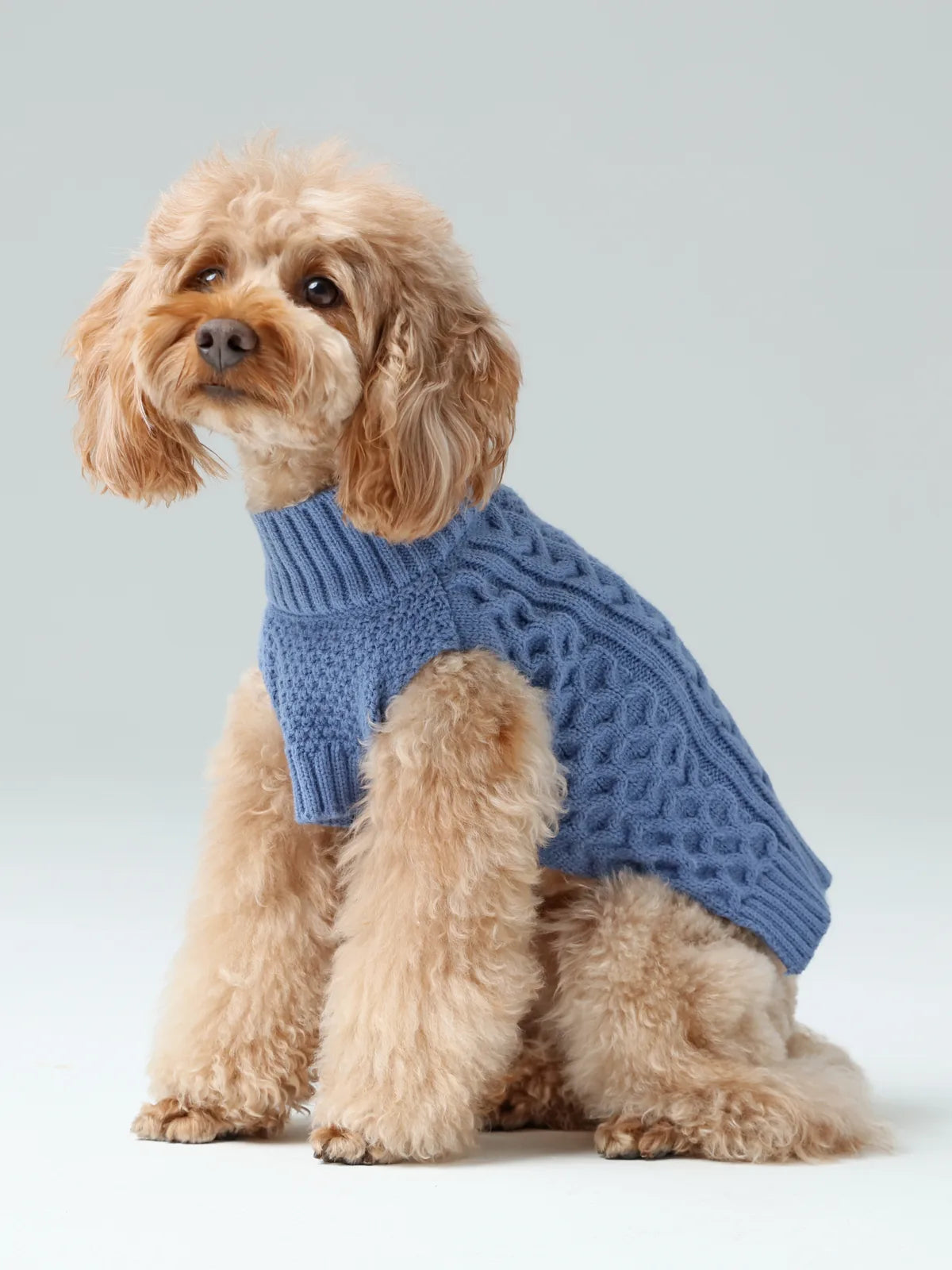 Ice blue knitted dog sweater vest, featuring a textured design, perfect for keeping your pet cozy in cooler weather.