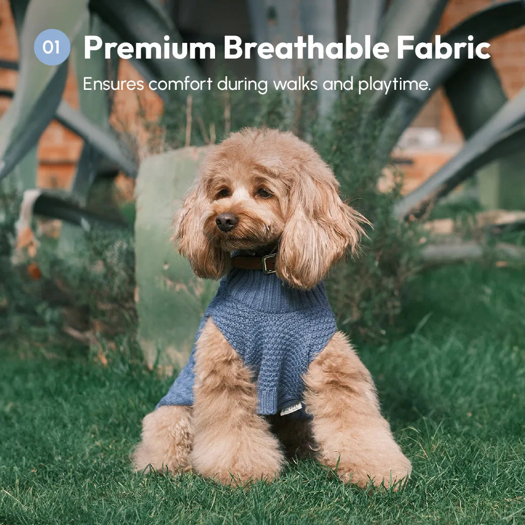 Cozy ice blue pet sweater vest on a fluffy dog, made from breathable knit fabric for comfort and warmth.