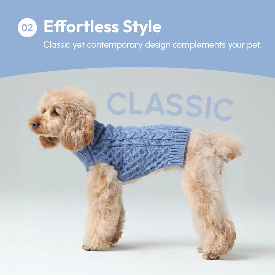 Cozy ice blue knit dog sweater vest with cable knit design, ideal for cooler seasons and easy to put on.