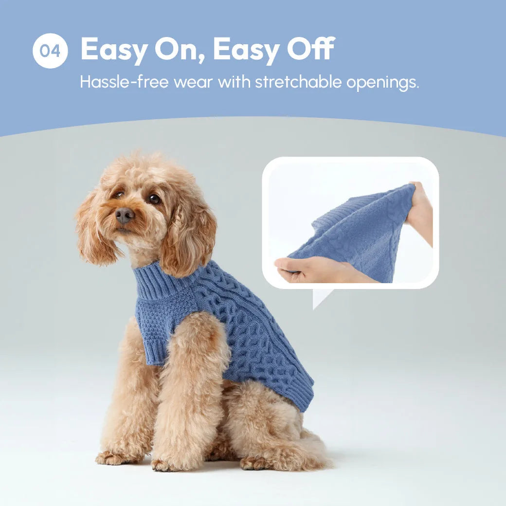 Cozy ice blue pet sweater vest with stretchable openings, ideal for cooler seasons, on a cute dog.