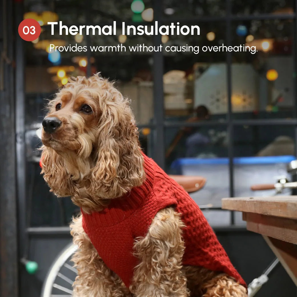 Cozy red pet sweater vest with a knit design, providing warmth and style for dogs.