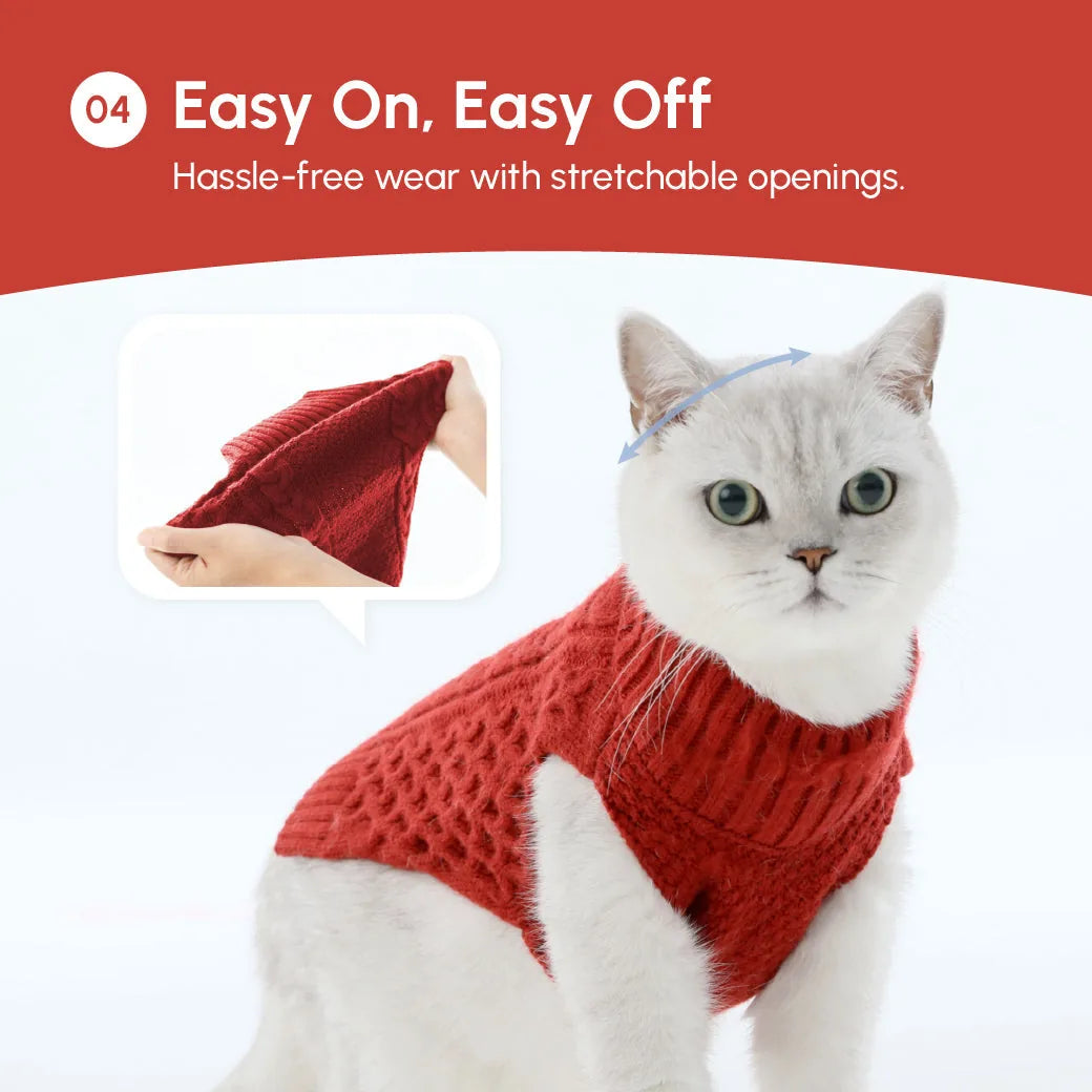 Cozy red pet sweater vest with a knit design and stretchable openings for easy wear, perfect for stylish dogs.