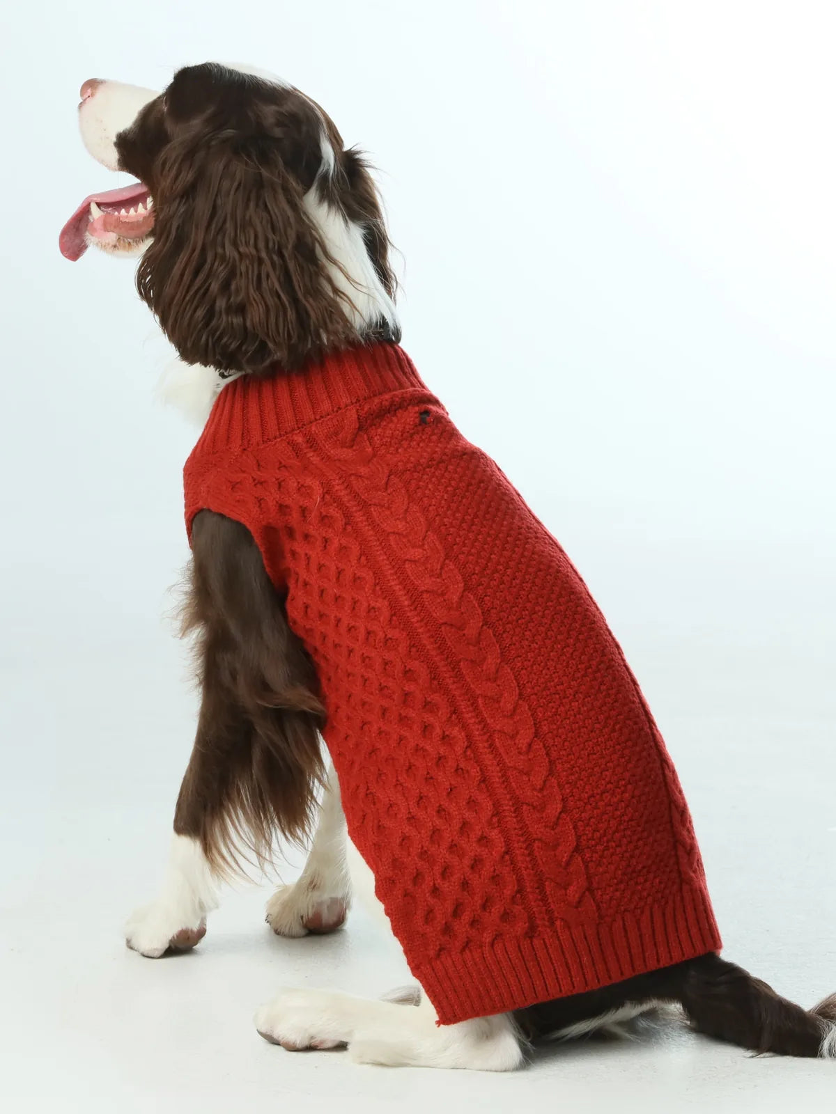 Red pet sweater vest with cable knit design, featuring a high neck and stretchable openings for comfort and warmth.