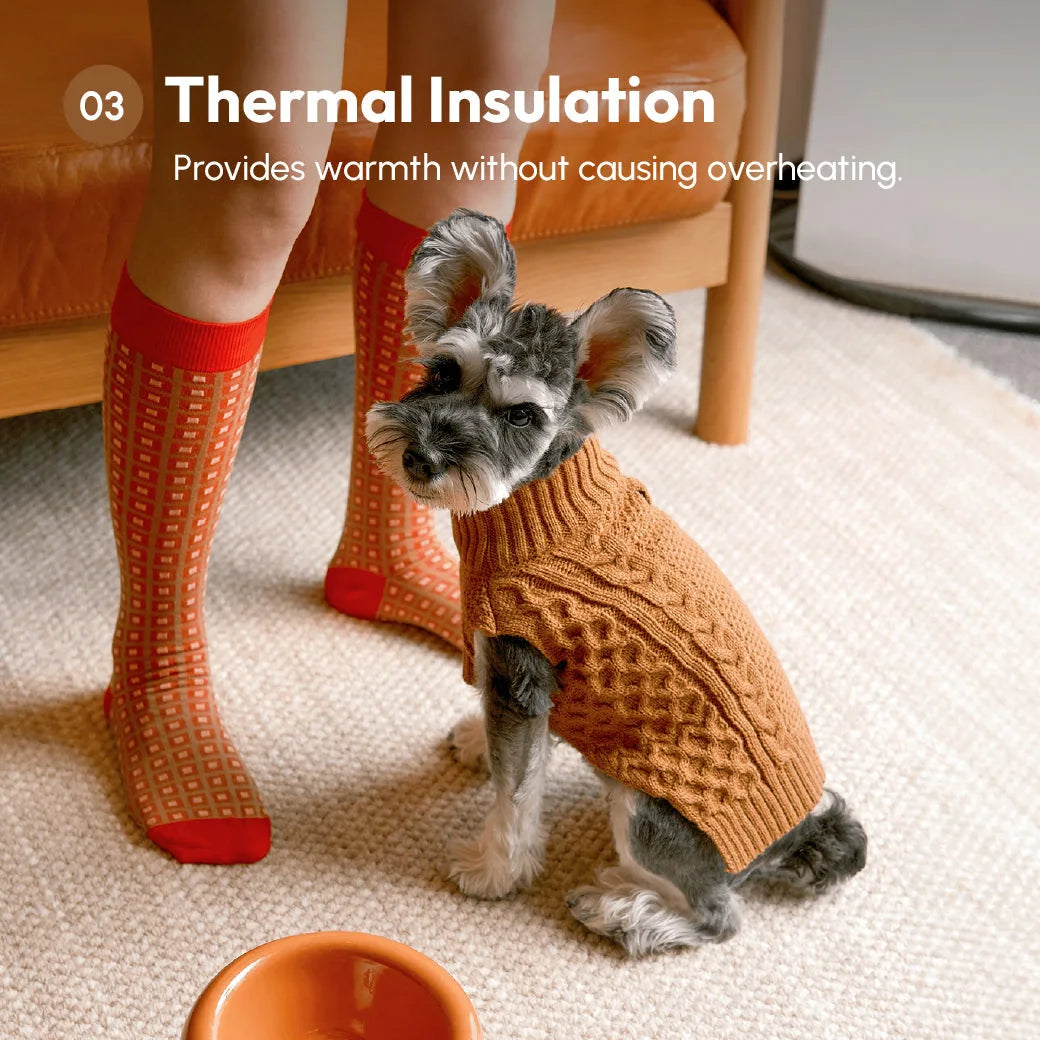 Cozy toffee orange dog sweater vest with a knit design, perfect for warmth without overheating.