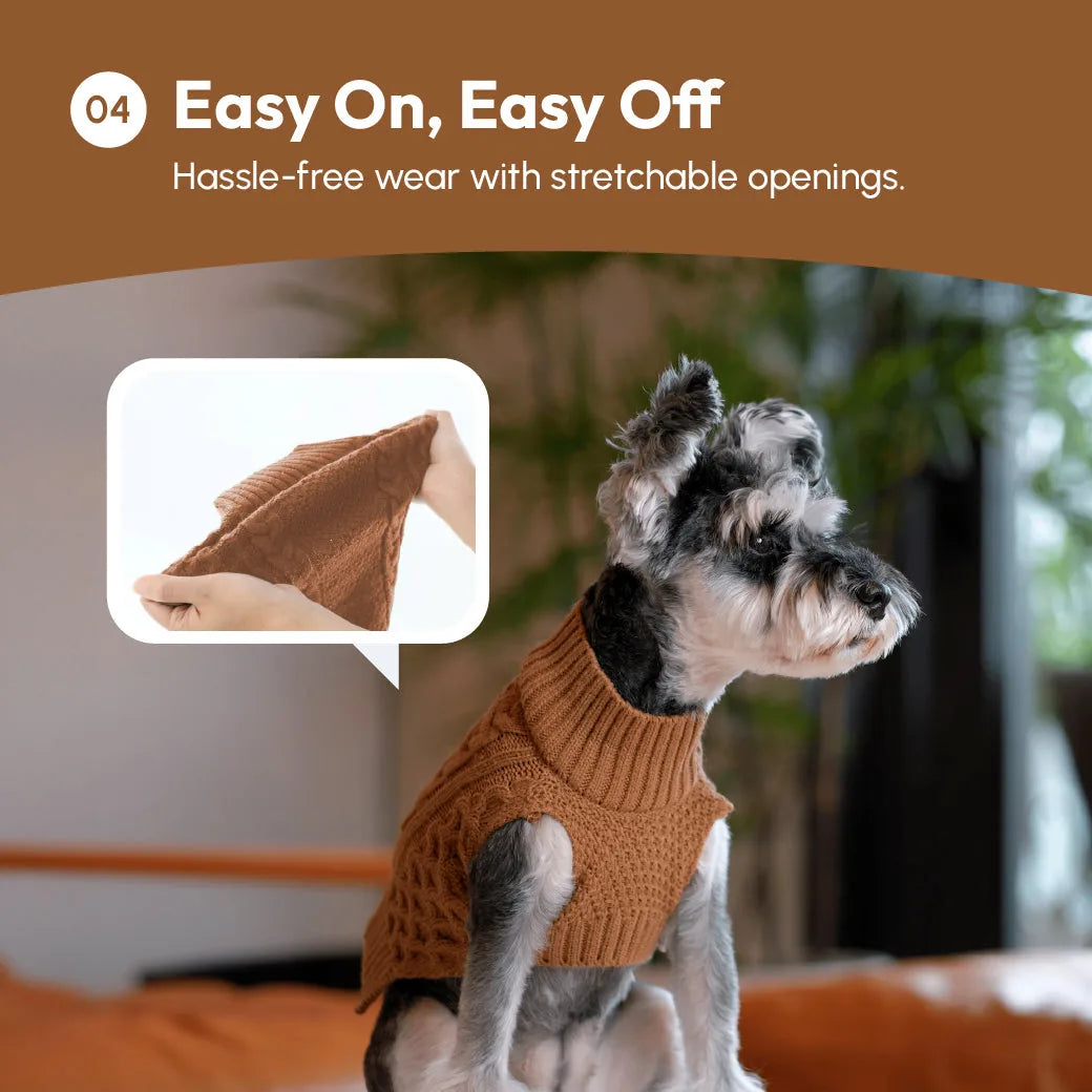 Toffee orange knit sweater vest for dogs, featuring stretchable openings for easy wear.