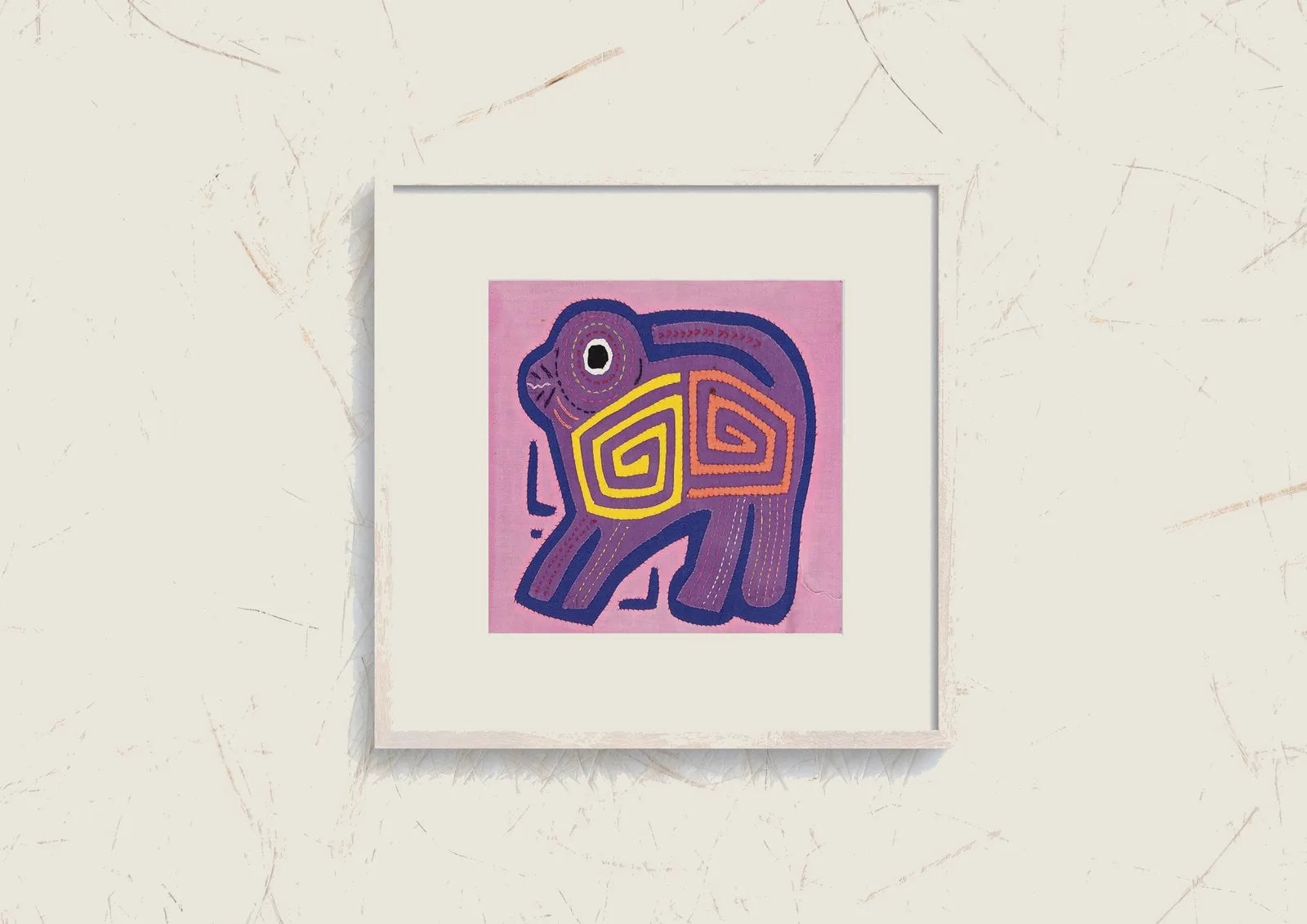Hand-stitched Mola art of a purple puppy with geometric designs on a pink background, showcasing vibrant colors and crafts...