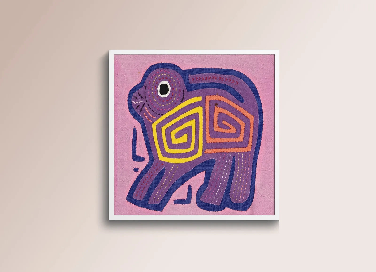 Bright pink tapestry featuring a purple and yellow abstract puppy design, showcasing vibrant hand-stitched artistry.