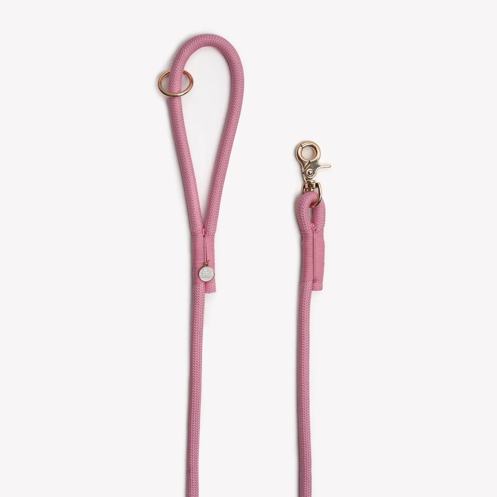 Pink braided rope leash by FURLOU featuring a durable nylon design with an O-ring for accessory attachment.