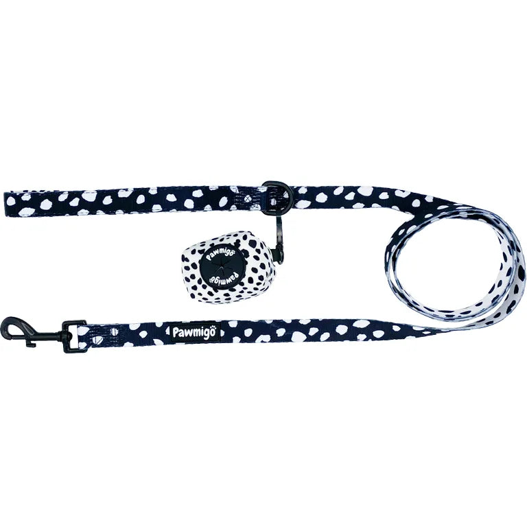 Polka dot leash kit featuring a 5-foot durable polyester leash and matching neoprene poop bag holder in black and white.