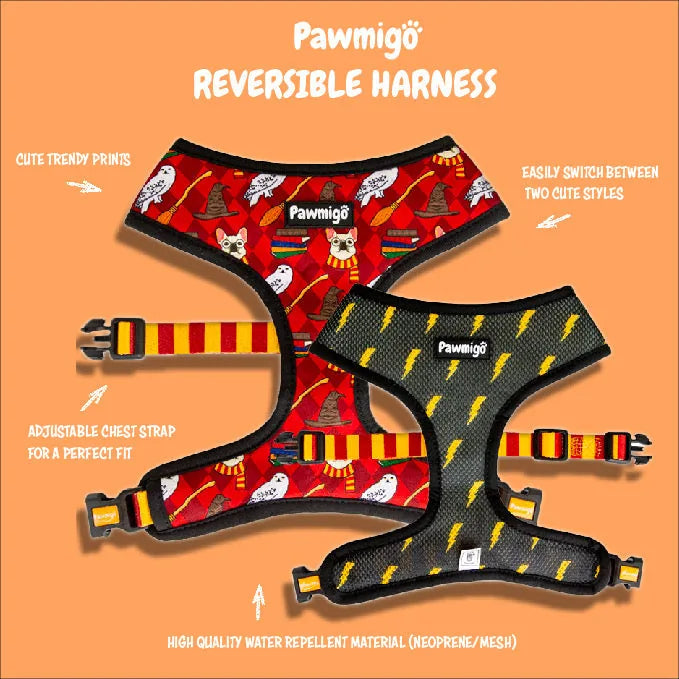 Reversible PawMigo harness featuring a red pattern with trendy prints on one side and a black lightning design on the other.