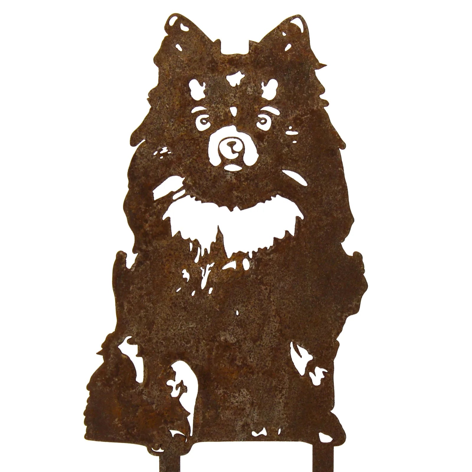 Rusty Pomeranian silhouette crafted from weathering steel, featuring detailed fur texture, ideal for outdoor dog decor.
