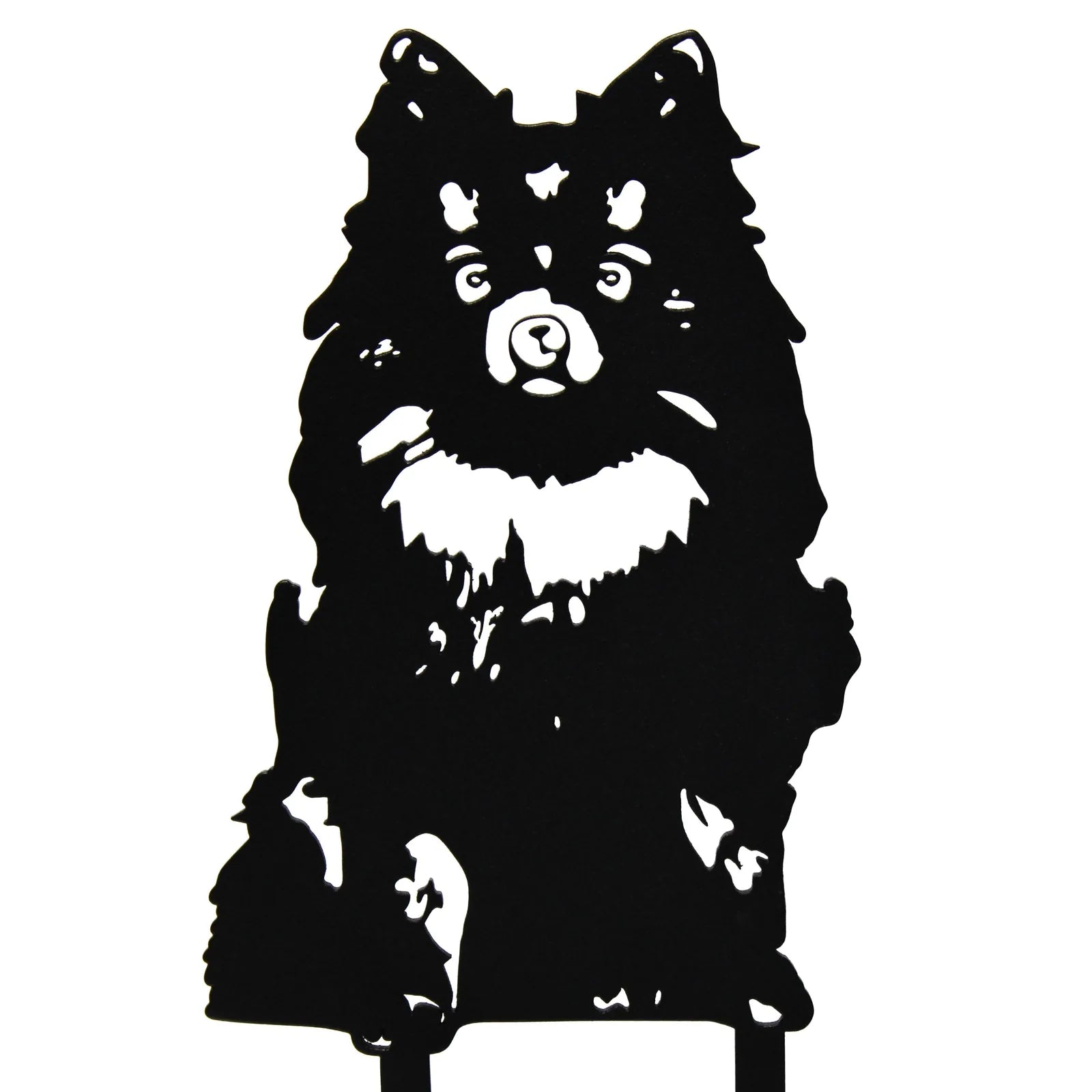 Black metal silhouette of a sitting Pomeranian with detailed fur texture, perfect for outdoor dog decor.