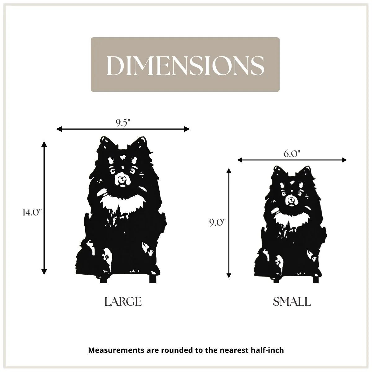 Pomeranian silhouette dimensions showing large (14") and small (9") sizes, designed for outdoor dog decor in black metal.