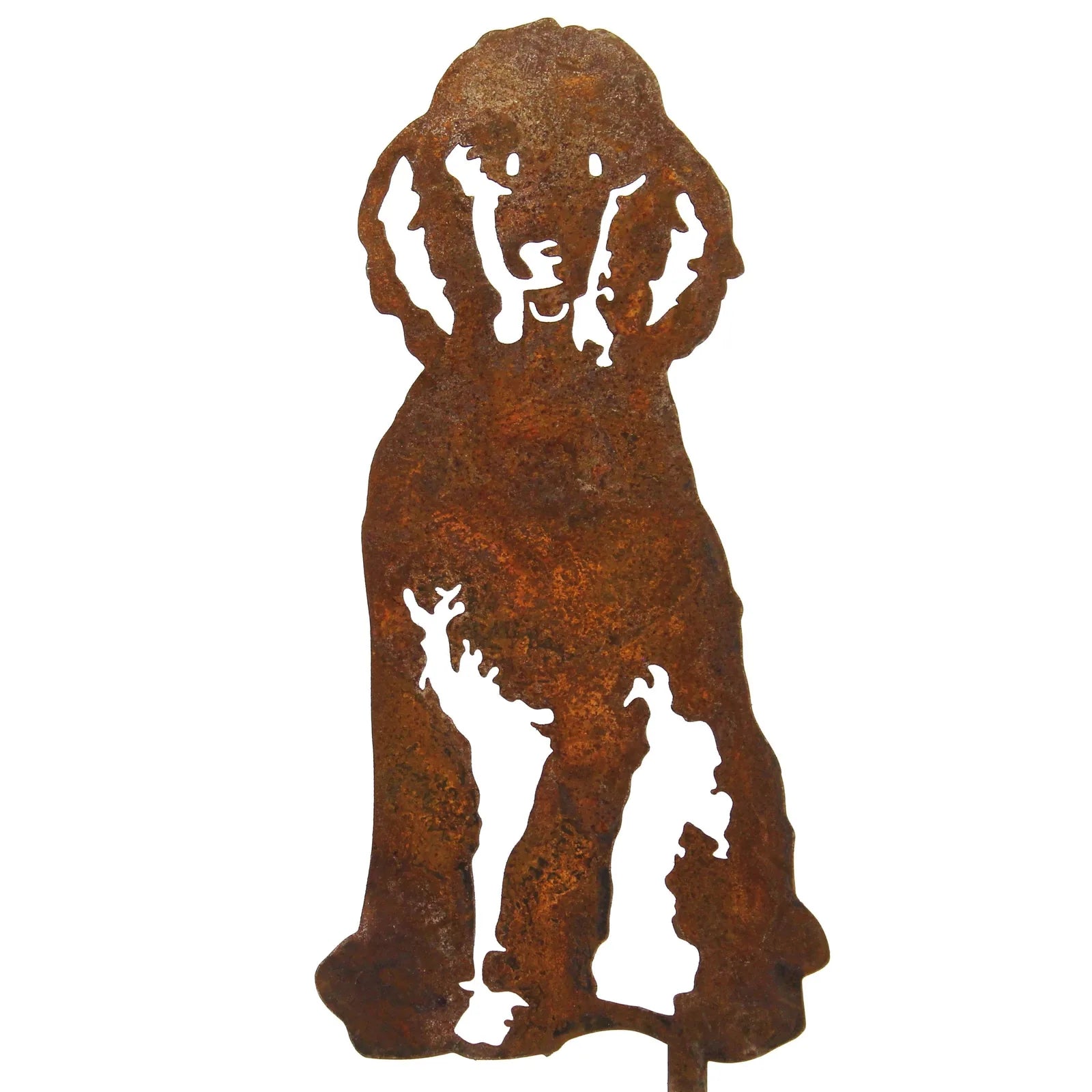 Handmade rusted metal silhouette of a poodle dog, perfect for outdoor decor in gardens or yards.