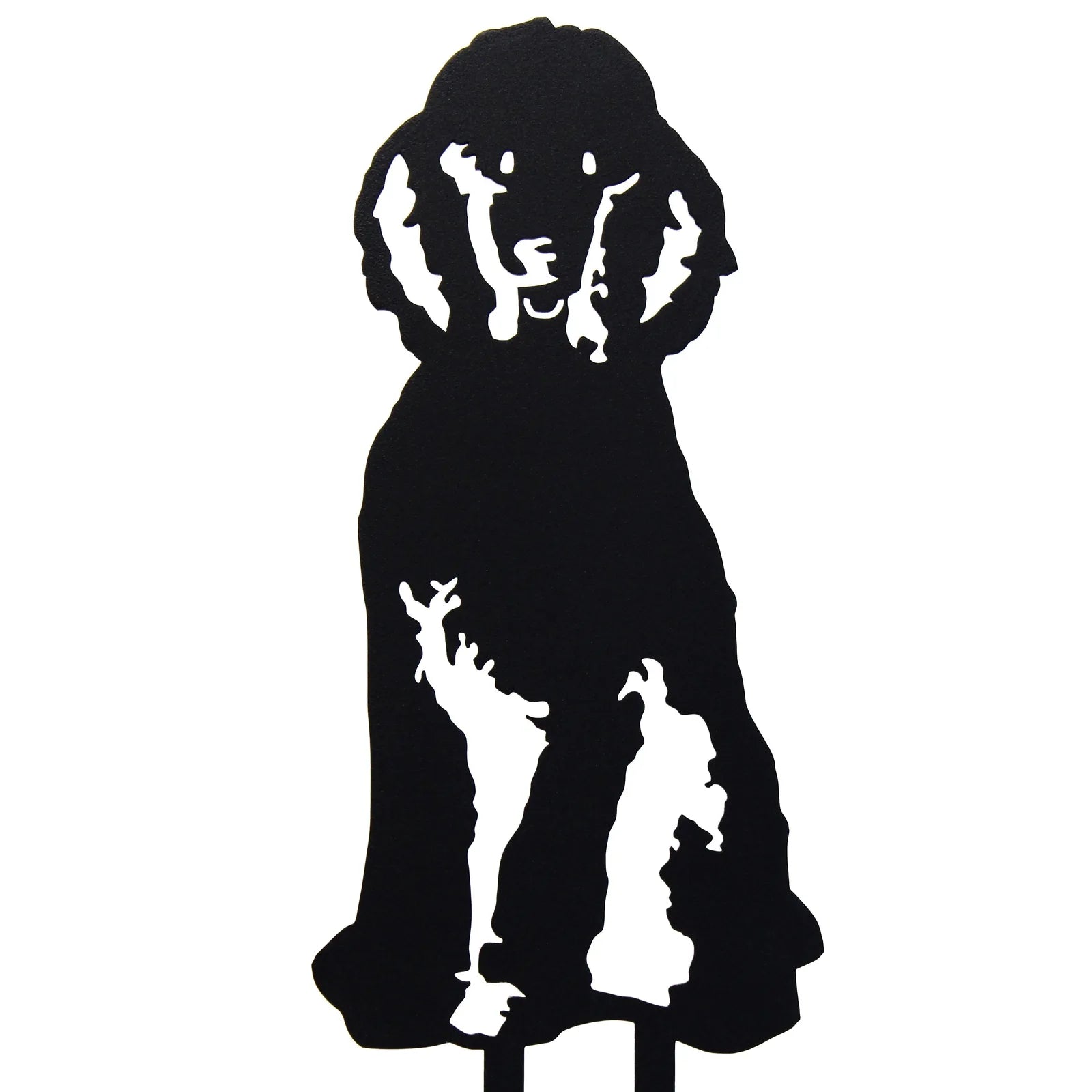 Black metal silhouette of a sitting poodle dog, crafted for outdoor decor and featuring stakes for secure ground placement.
