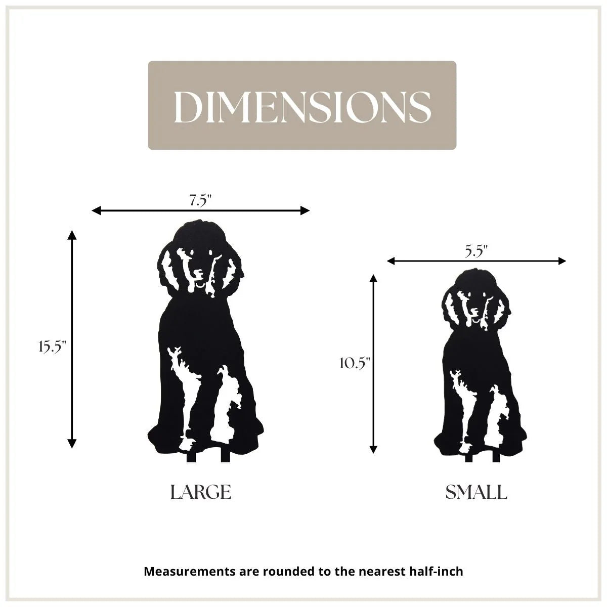 Dimensions of large and small poodle silhouettes in black metal for outdoor dog art decoration.