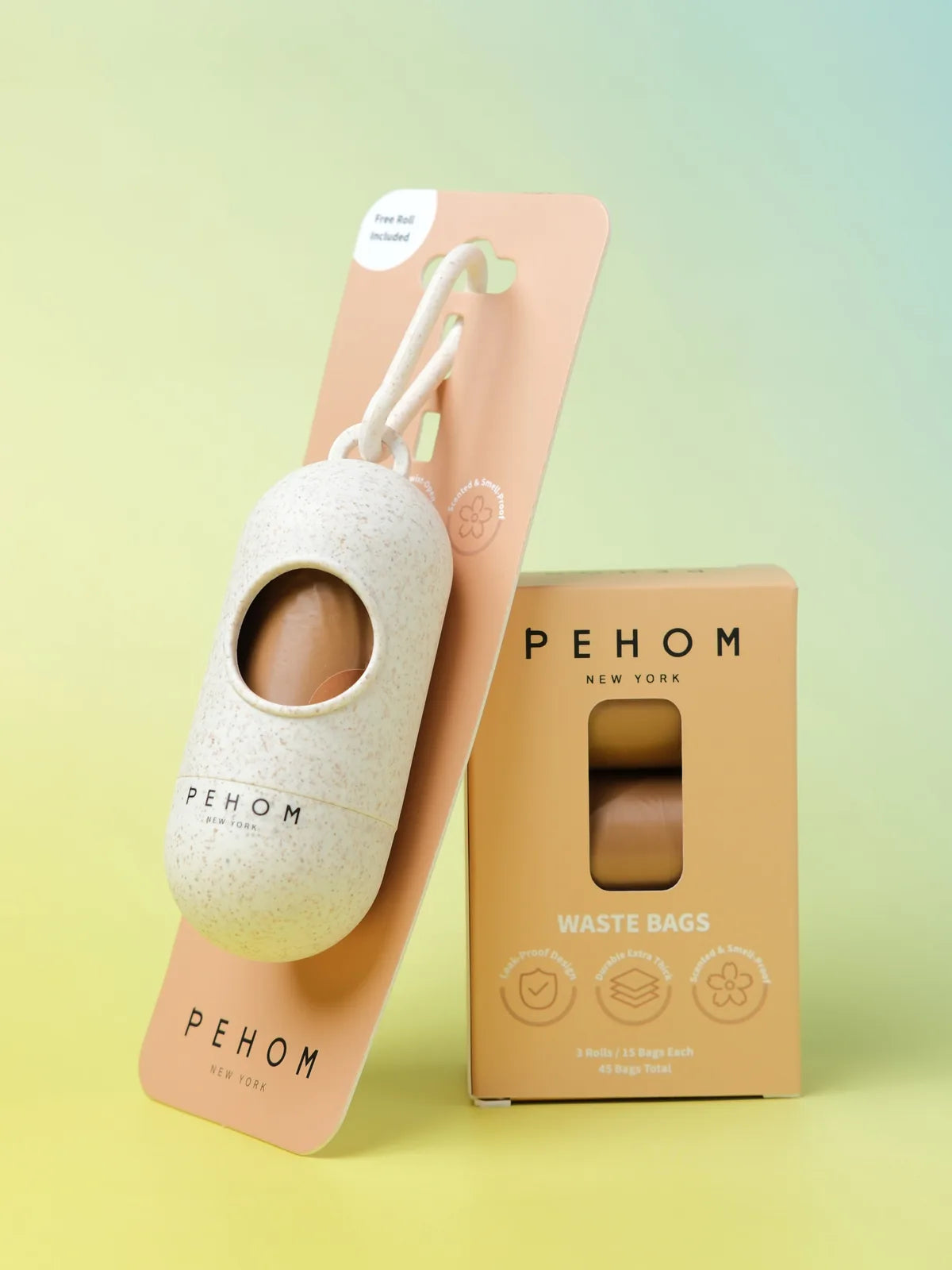 Beige speckled poop dispenser with a twist-open design, attached to a peach-colored card showcasing pet waste bags.
