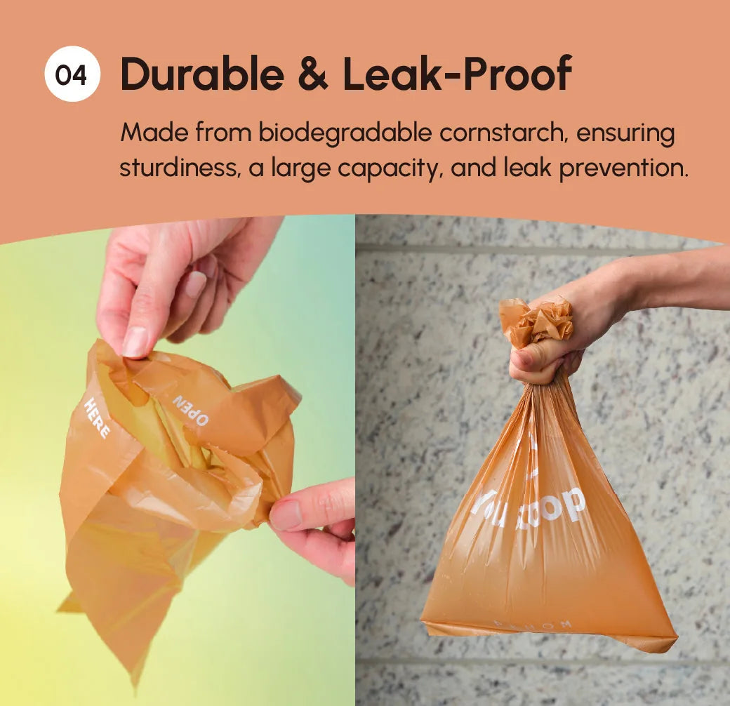 Durable, biodegradable poop bag being handled, showcasing its leak-proof design and capacity for pet waste.