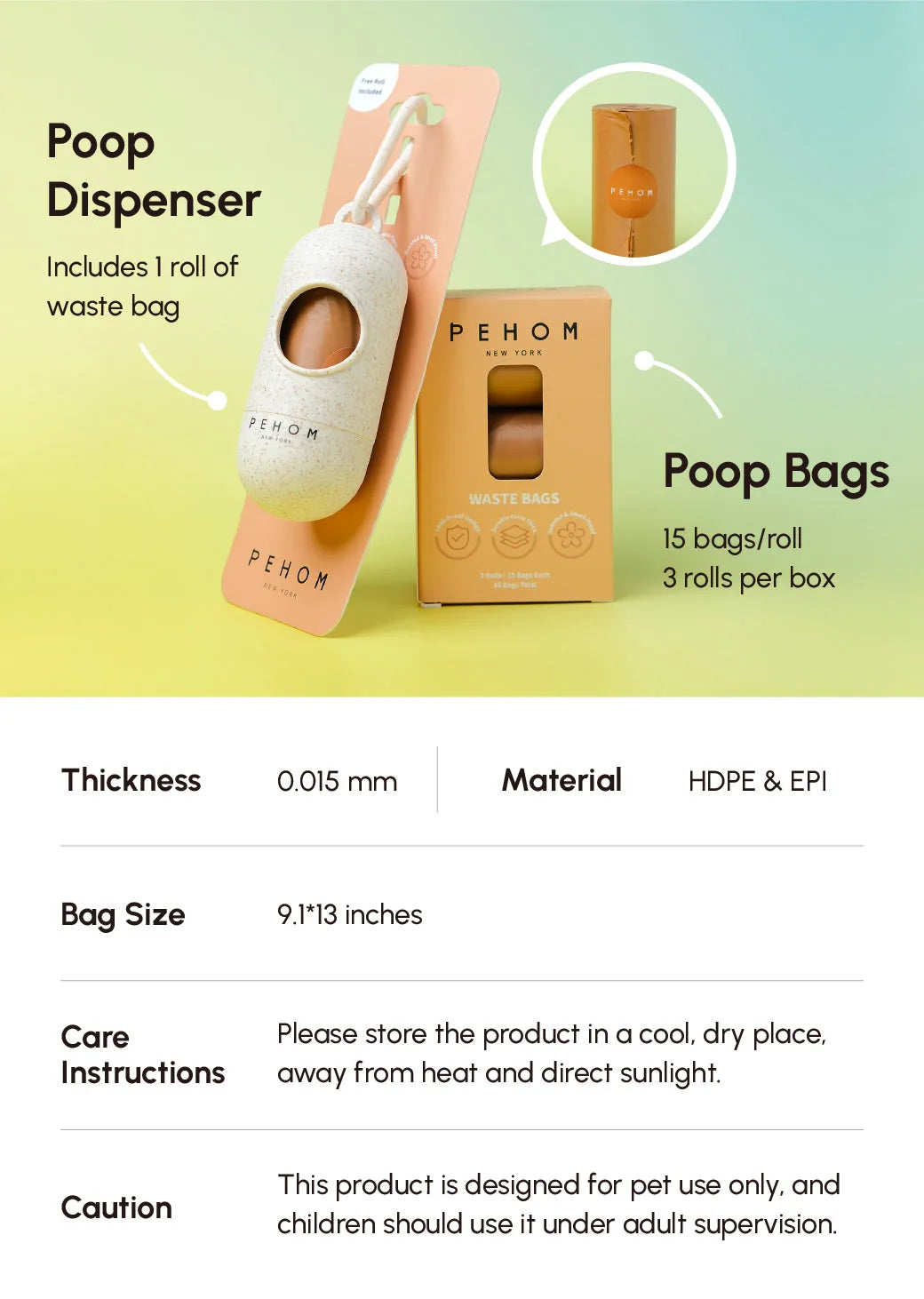 Beige biodegradable poop dispenser with a twist-open design, featuring a light freesia scent and attached to a packaging b...