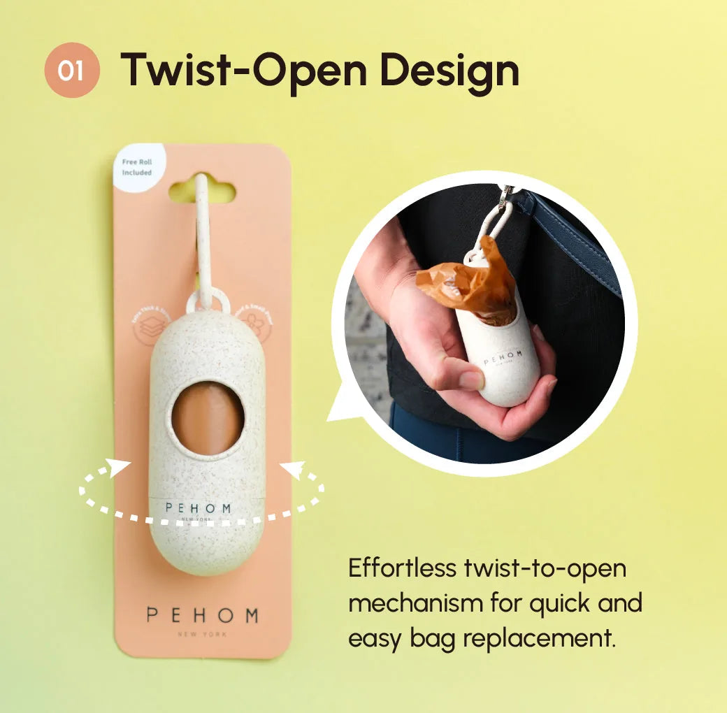 Twist-open poop dispenser in light beige, held by a person, with a brown bag partially visible for easy access.