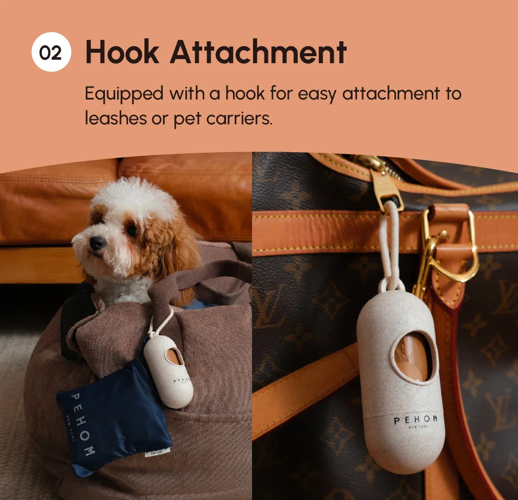 Cream-colored poop dispenser with hook attachment, clipped to a bag, alongside a fluffy dog in a cozy bean bag.