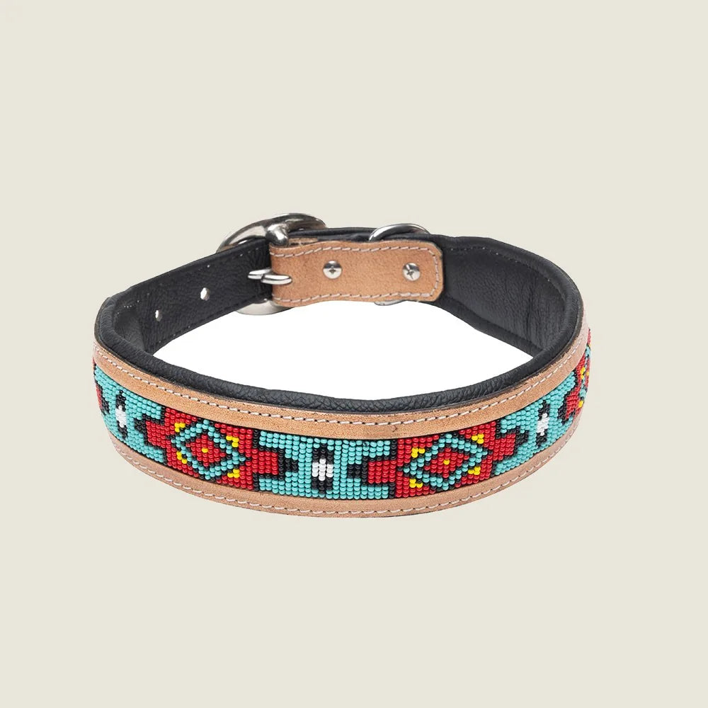 Hand-tooled leather dog collar featuring vibrant beaded patterns in red, turquoise, and black.