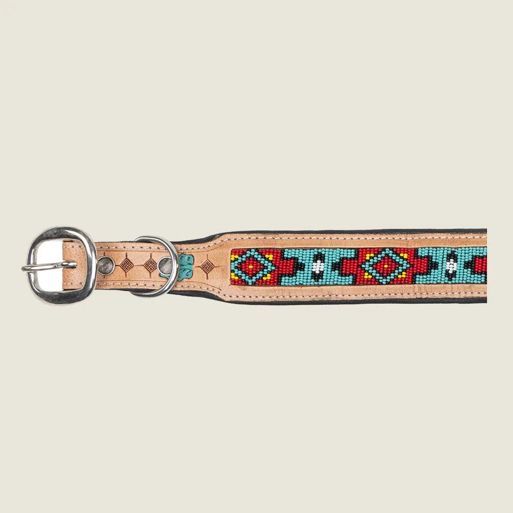 Hand-tooled leather dog collar featuring a colorful beaded design in red and turquoise with metal hardware.