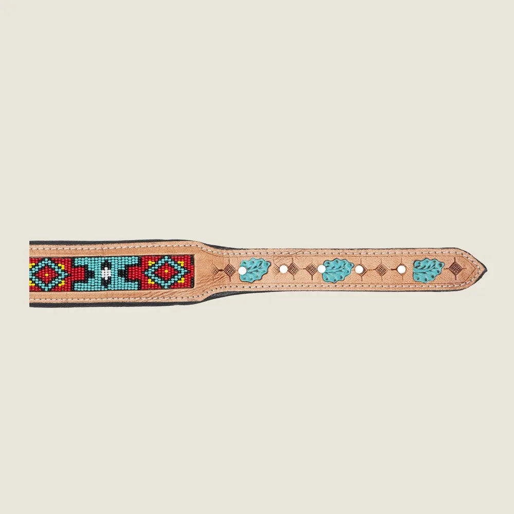 Hand-tooled leather dog collar featuring colorful beaded patterns and turquoise accents for a unique style.