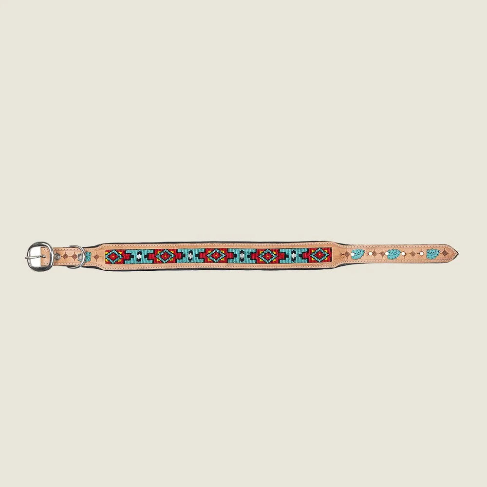 Hand-tooled leather dog collar featuring intricate beaded patterns in red, turquoise, and black, secured with an iron buckle.