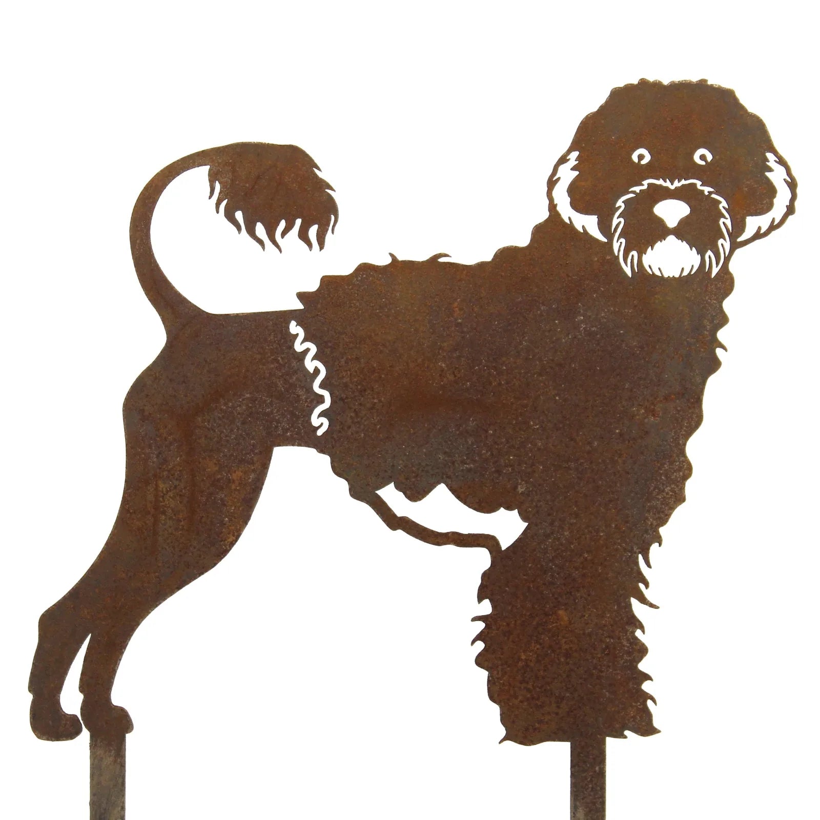 Rustic Portuguese Water Dog metal silhouette with a curly tail and detailed facial features, made from weathering steel.