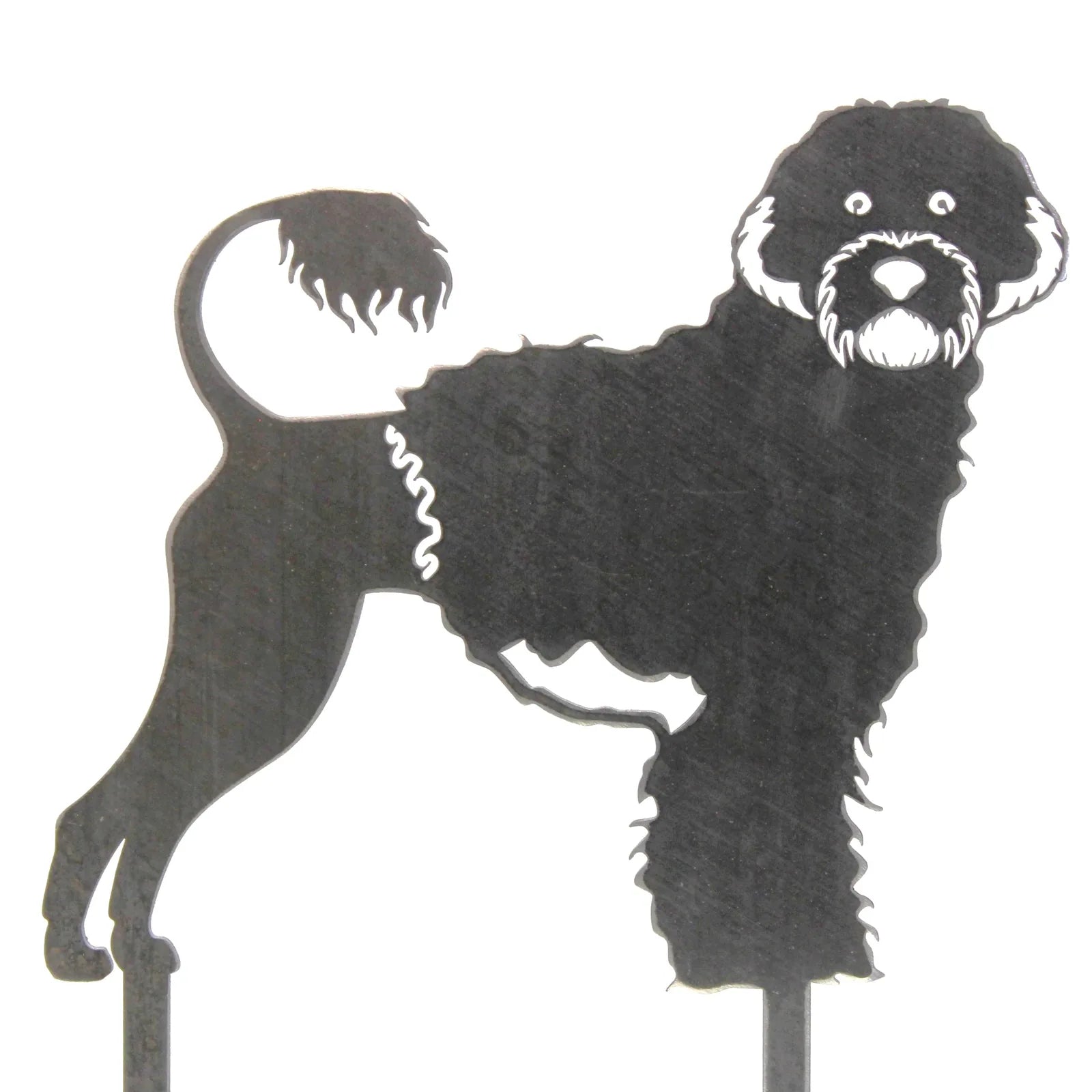 Black metal silhouette of a Portuguese Water Dog, featuring curly fur and a poised stance, suitable for outdoor display.