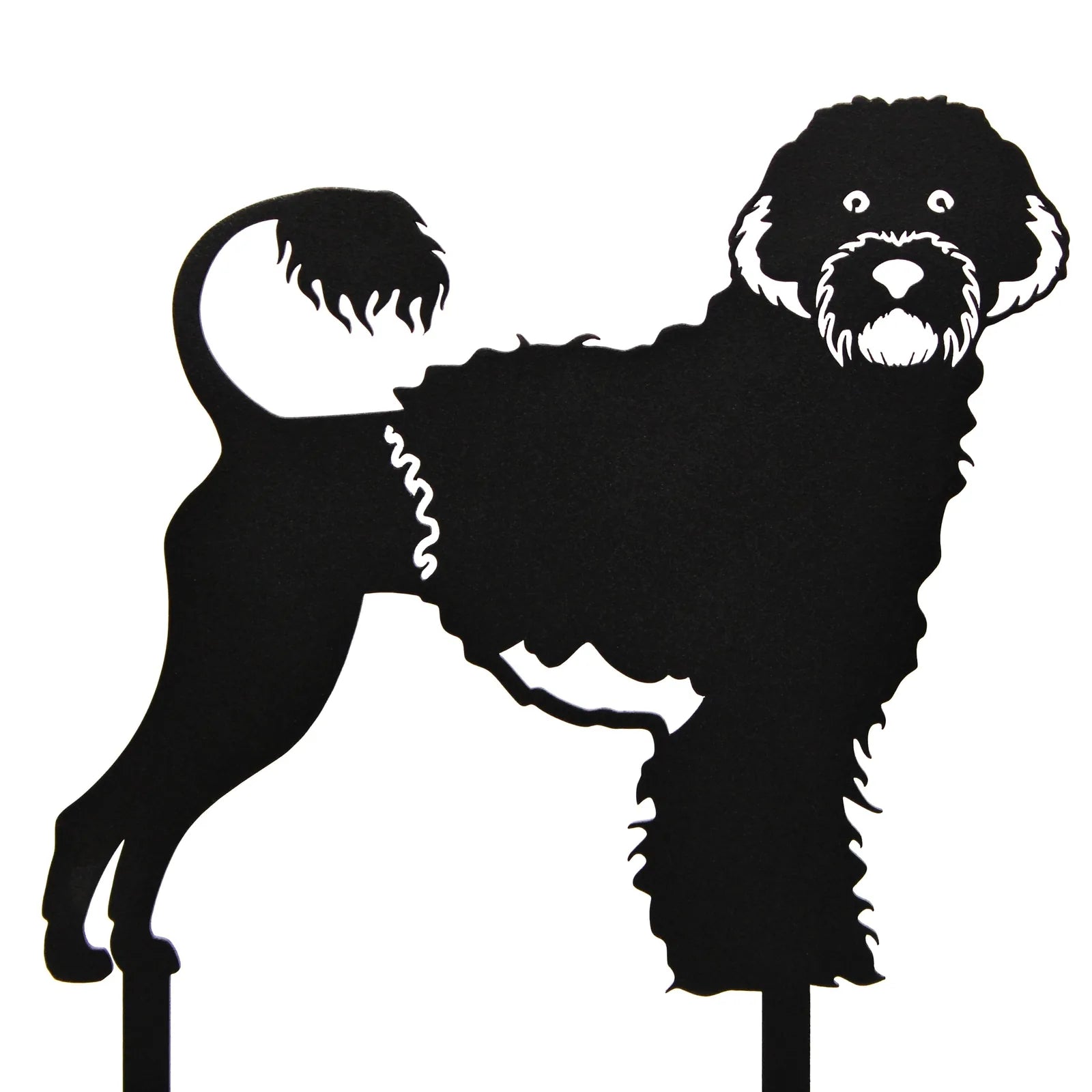 Black metal silhouette of a Portuguese Water Dog, featuring curly fur and a playful stance, suitable for outdoor decor.
