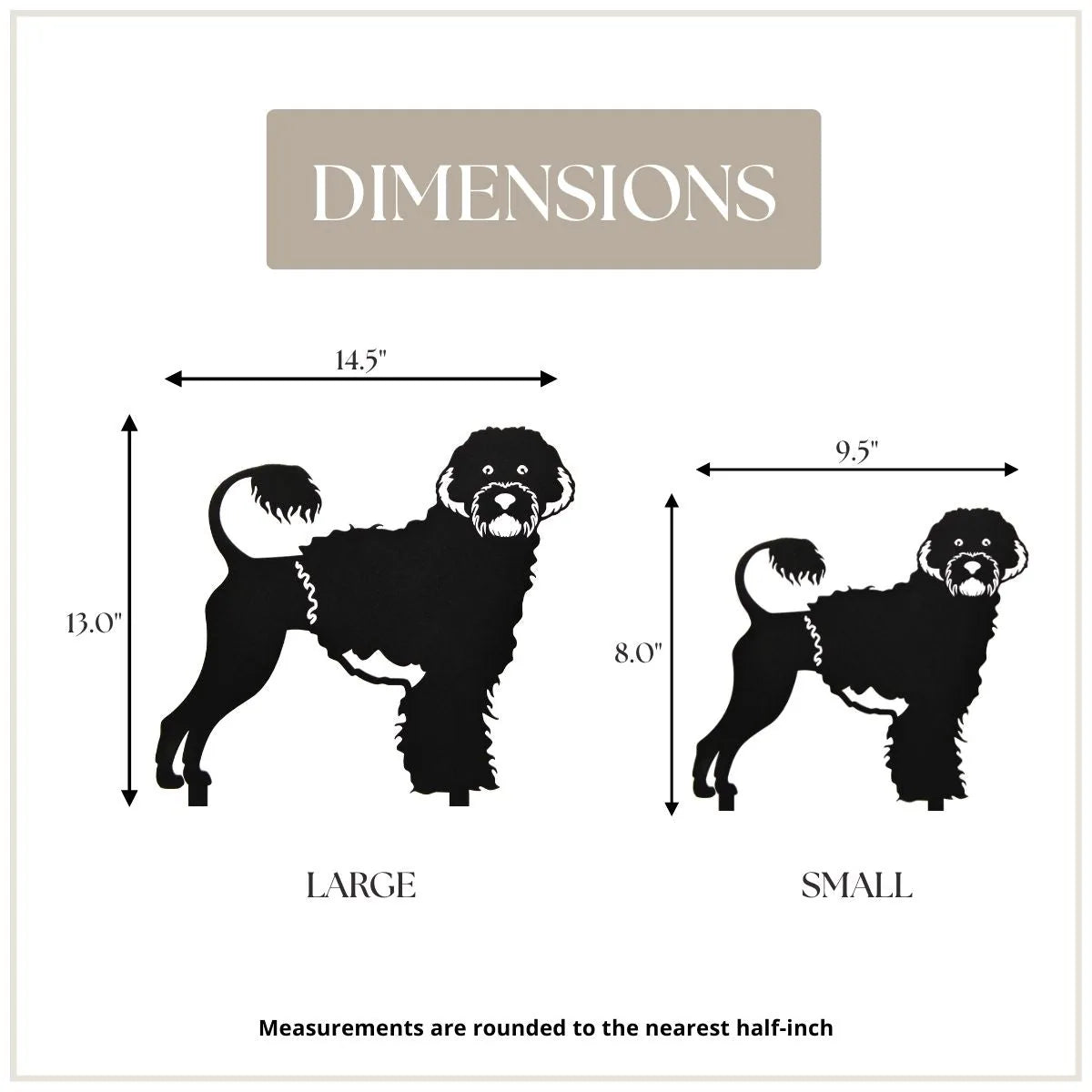 Dimensions showing a large and small Portuguese Water Dog metal silhouette in matte black with measurement indications.