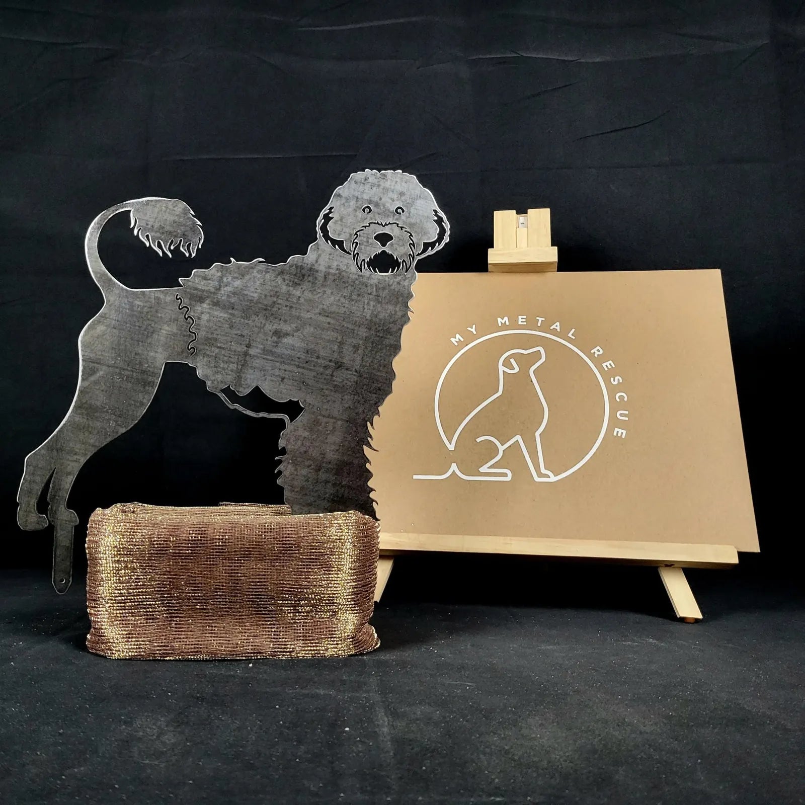 Handmade Portuguese Water Dog silhouette in Corten steel, showcasing detailed design for dog decor.