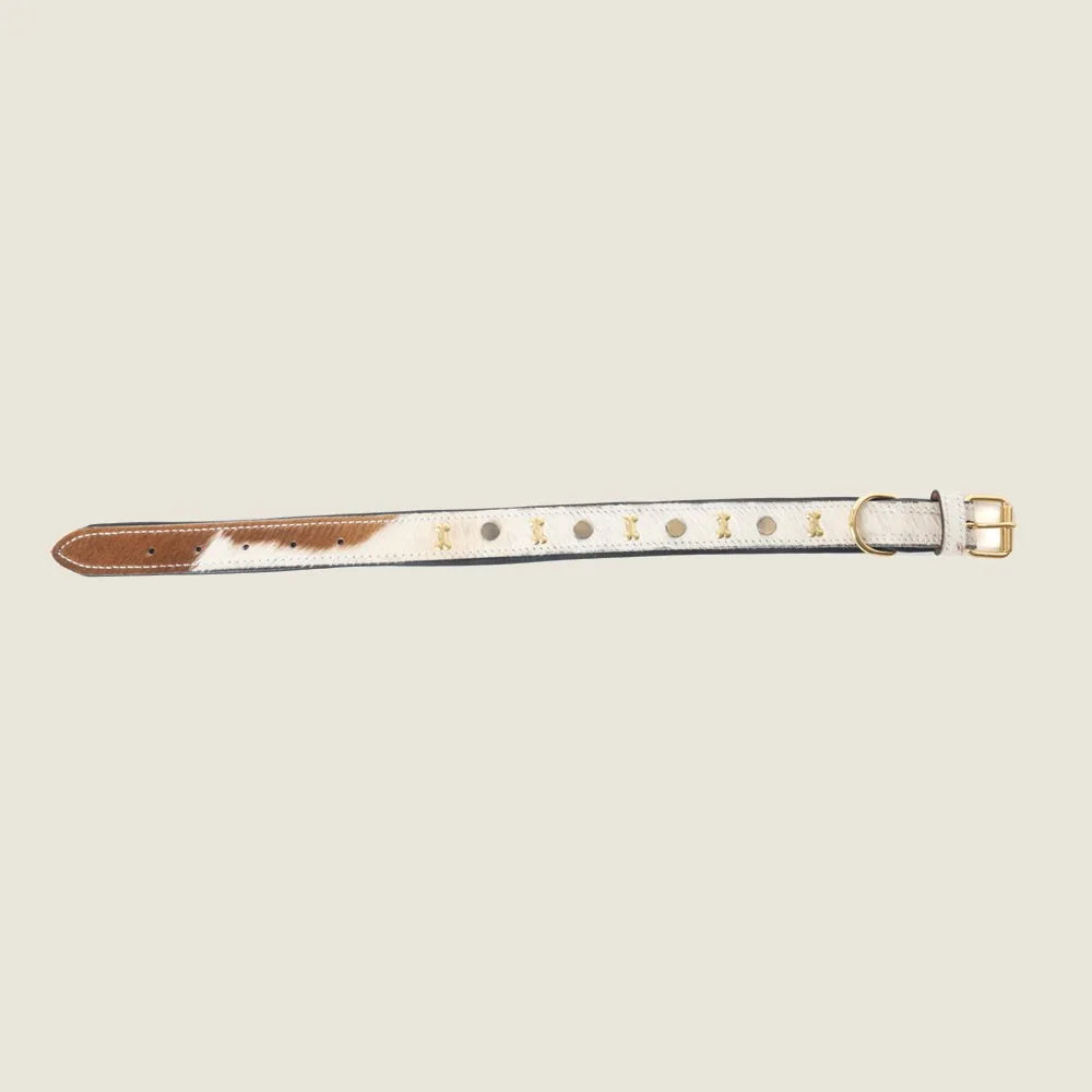 Brown and white genuine leather dog collar with brass studs and rustic stitching, perfect for western-style pet accessories.
