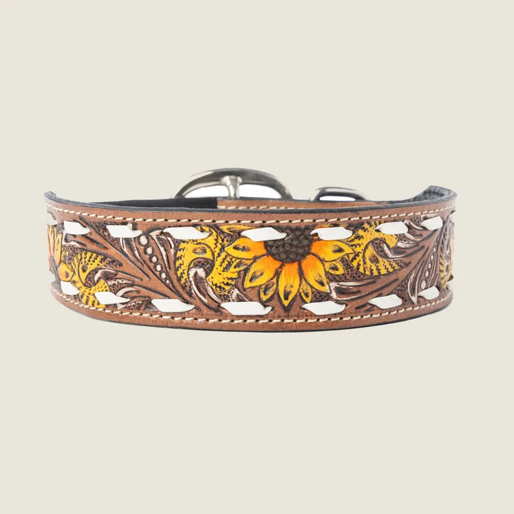 Hand-painted sunflower design on a rustic brown leather dog collar with white lacing details. Adjustable fit for dogs.
