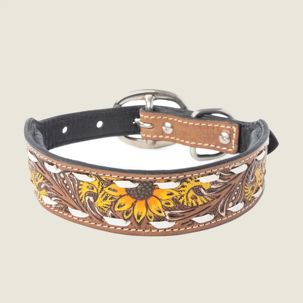 Rustic leather dog collar with hand-painted sunflowers, featuring white contrast lacing and adjustable fit.