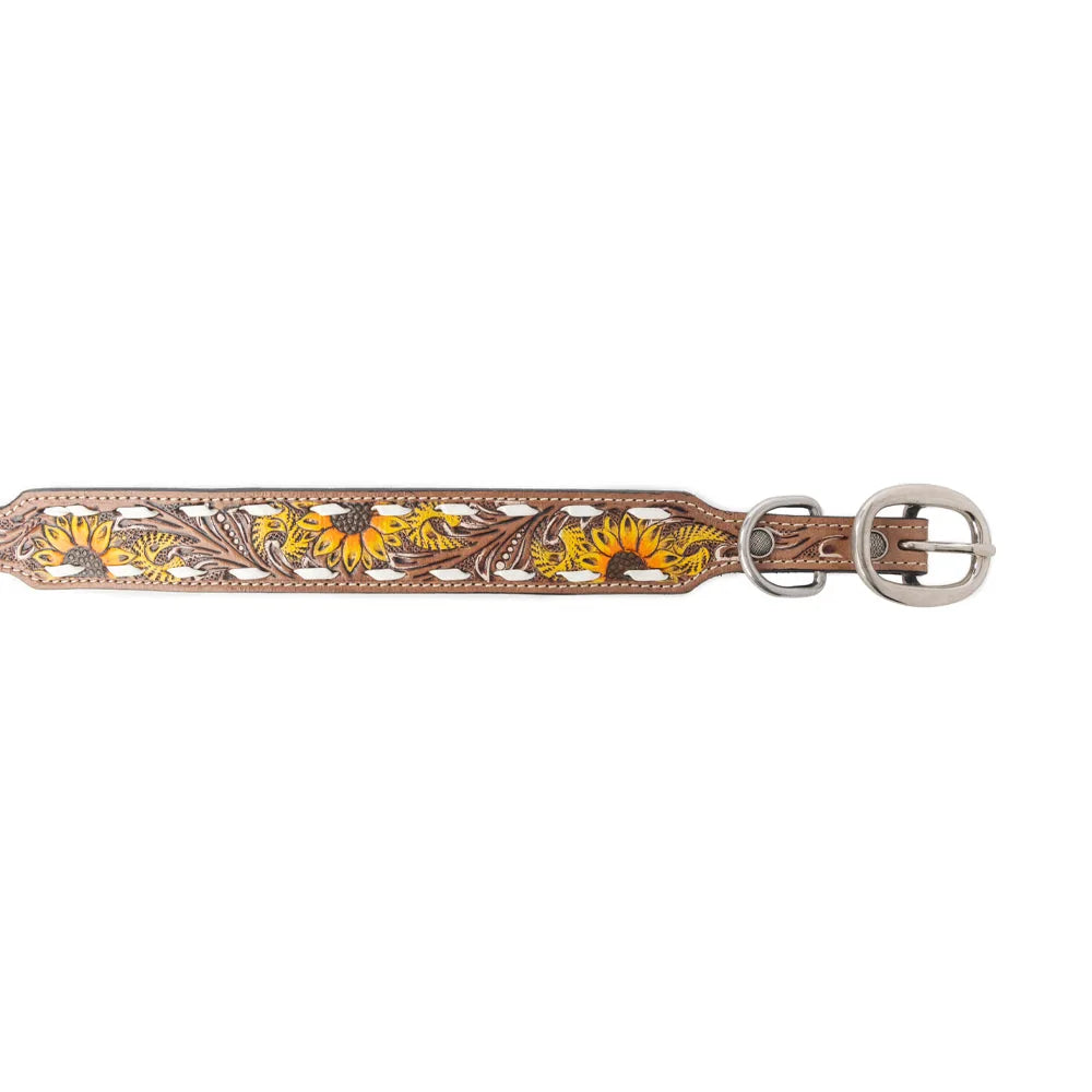 Rustic leather dog collar in sandstone with hand-painted sunflowers and white contrast lacing, featuring a sturdy metal bu...