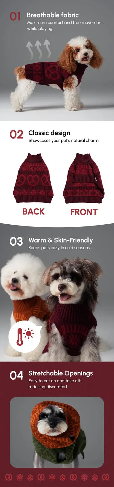Burgundy red pet sweater with a textured pattern, designed for comfort and warmth, featuring stretchable openings for easy...