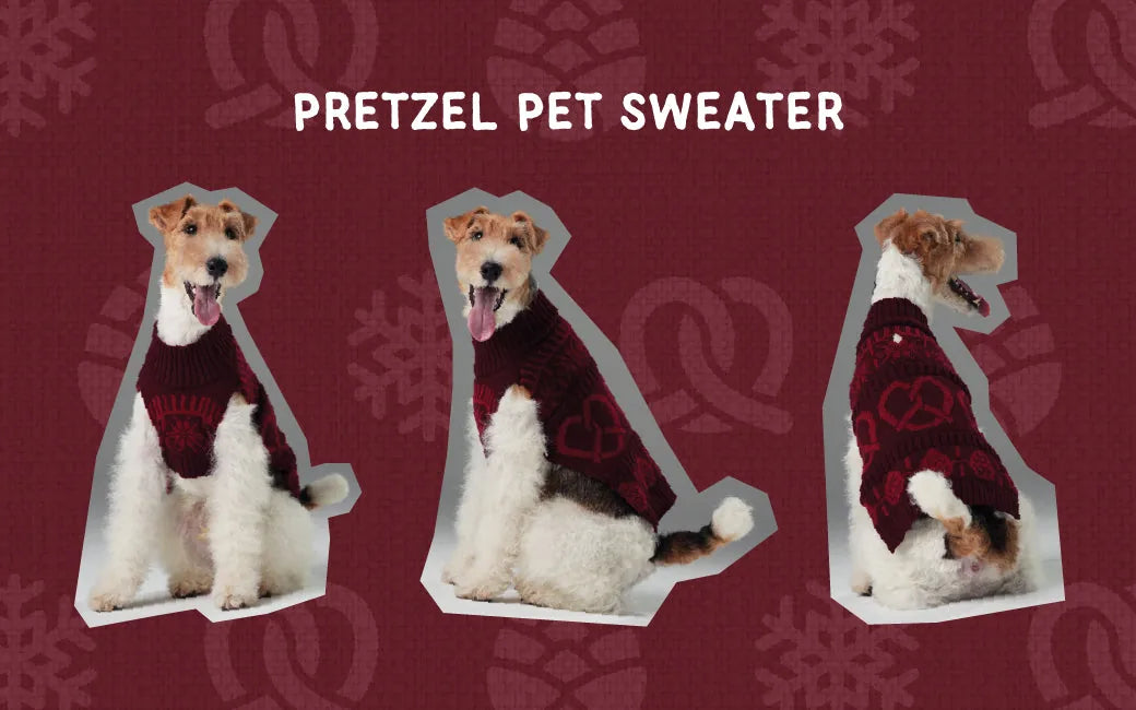 Burgundy red knit sweater designed for dogs, featuring a cozy pattern and stretchable openings for easy wear.