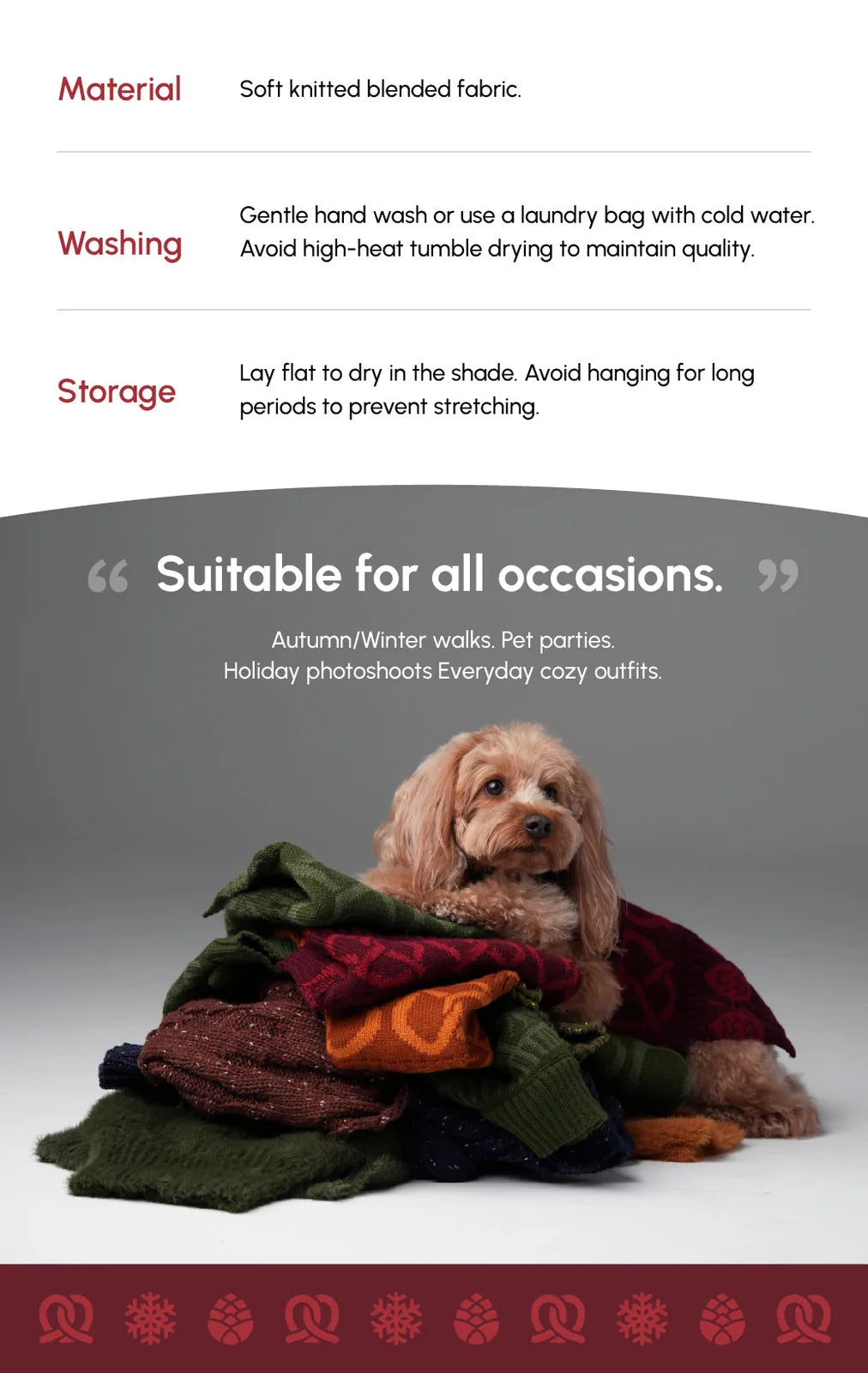Cozy burgundy red pet sweater atop a pile of colorful knits, showcasing soft knitted fabric for warmth and style.
