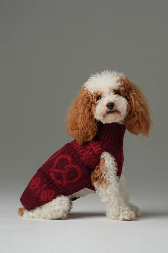 Cozy burgundy red sweater with heart patterns, designed for dogs, featuring a turtleneck and stretchable openings.