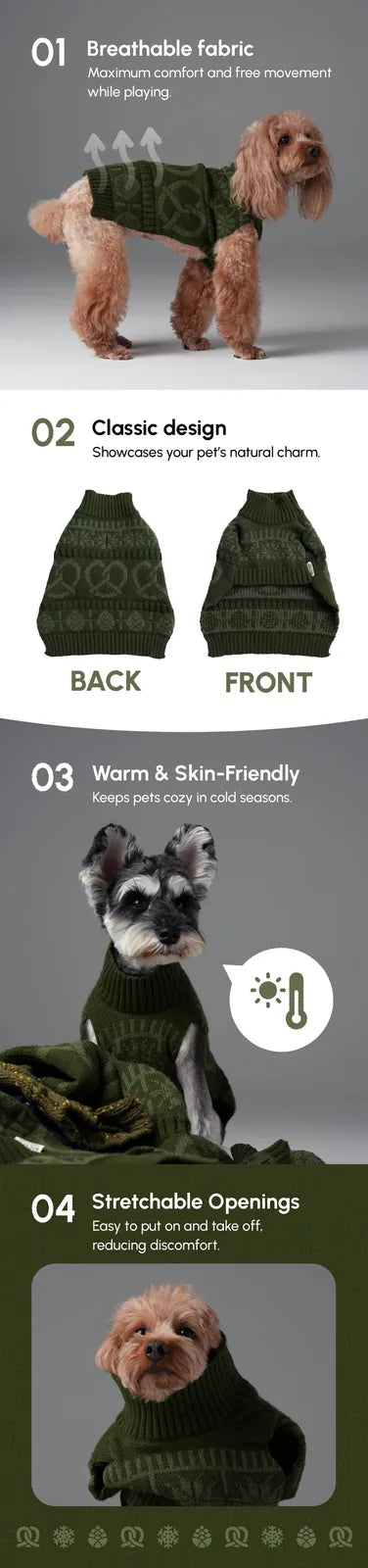 Olive green knitted dog sweater with a cozy design, featuring a high collar and stretchable openings for easy wear.