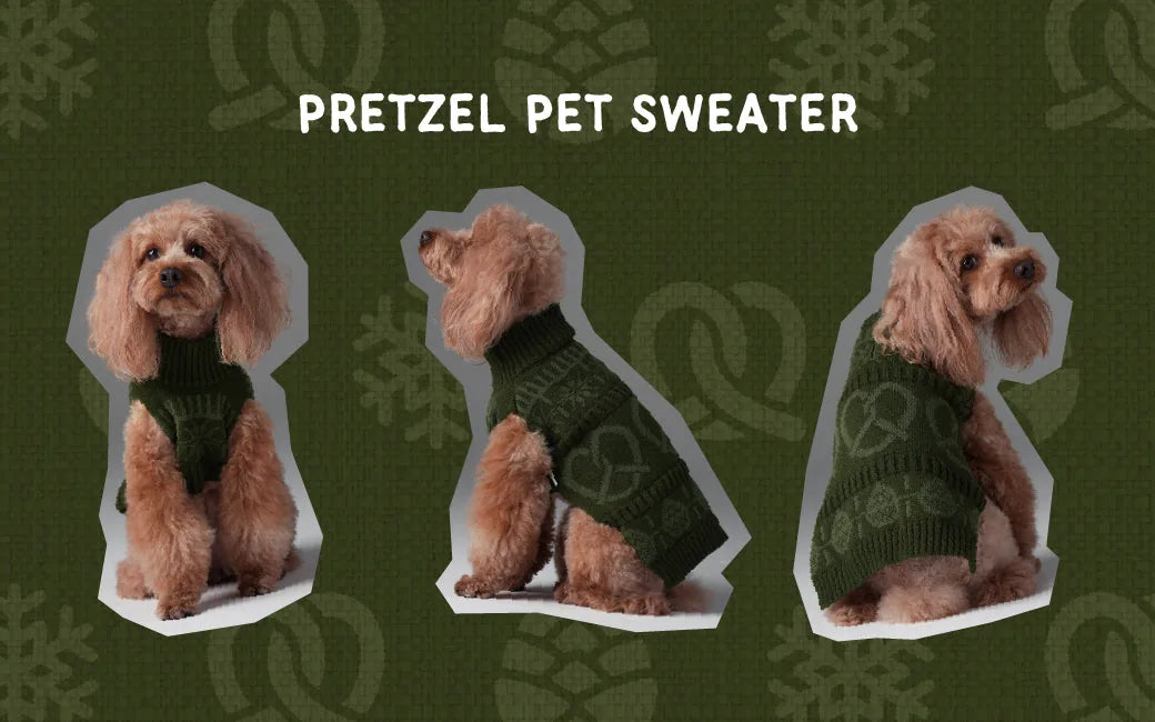 Olive green cozy knit dog sweater featuring a stylish pretzel pattern, designed for comfort in cooler seasons.